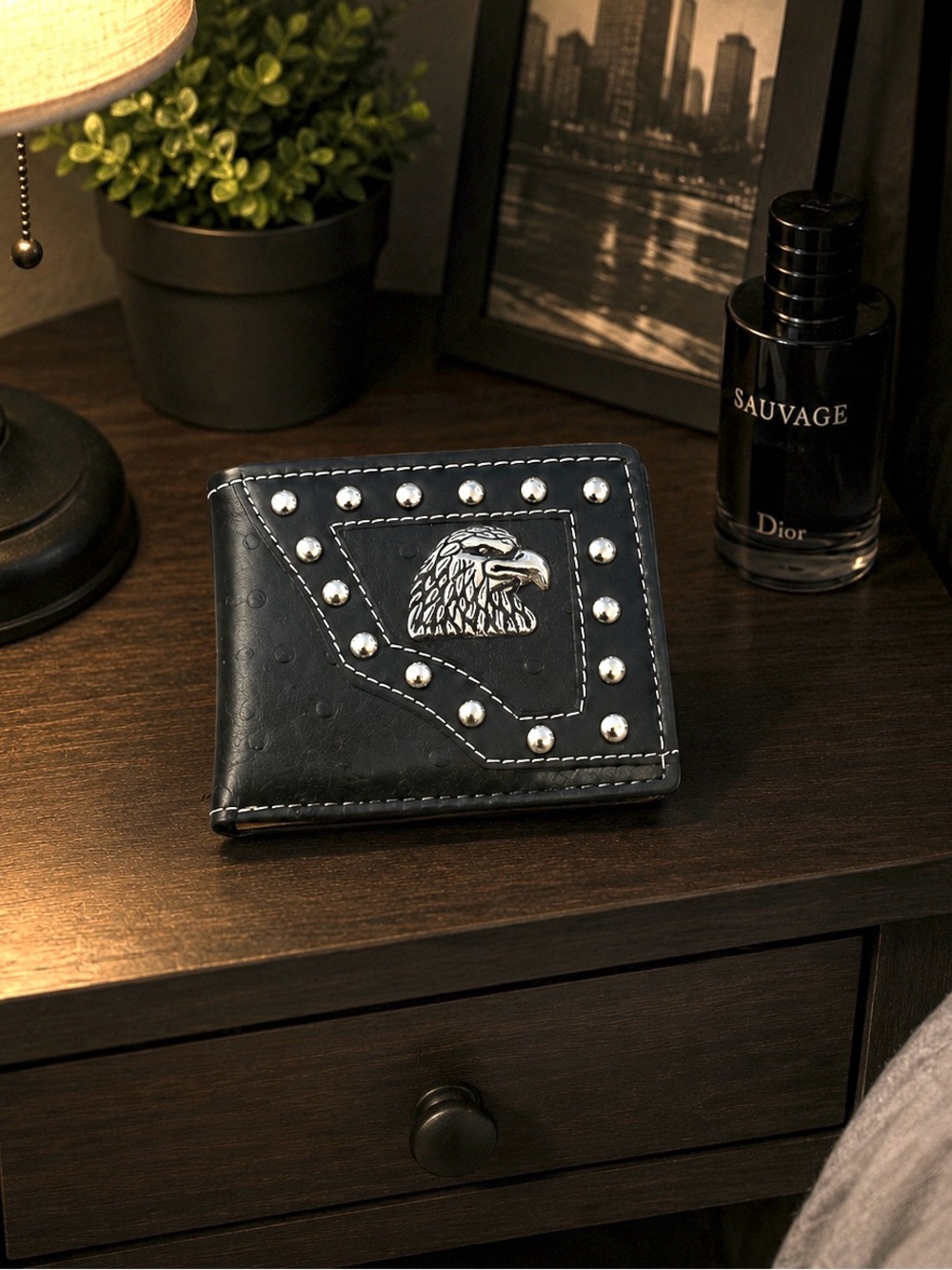 Black Men's Studded Bifold Wallet with Eagle Emblem